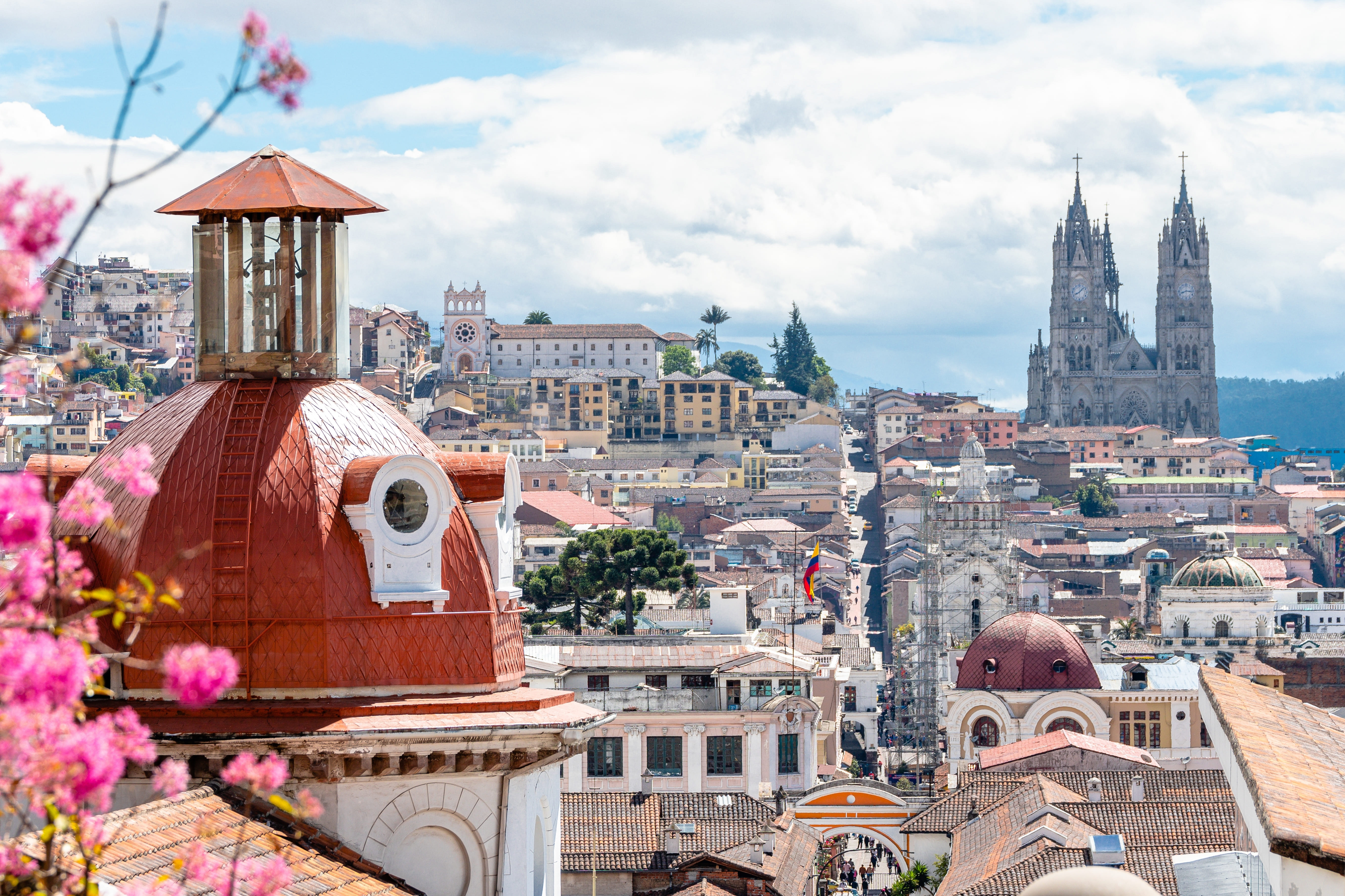 Historic Quito cityscape with red domes, Basilica del Voto Nacional and cherry blossoms in Ecuador